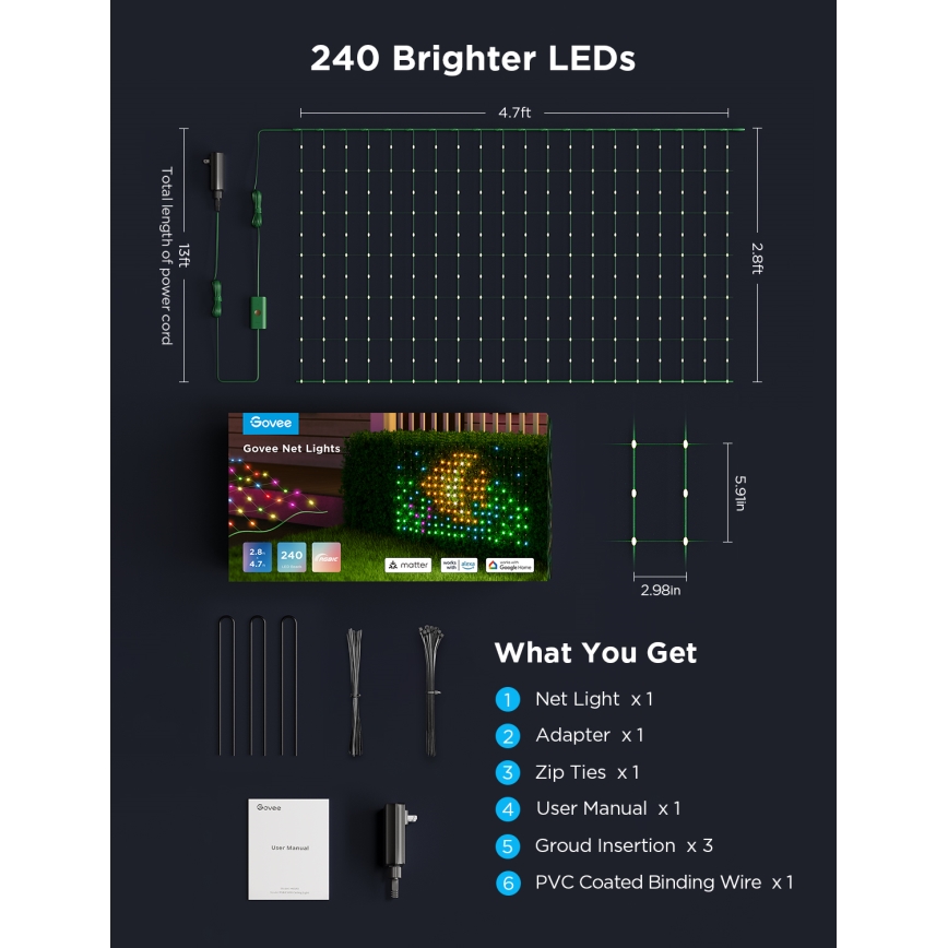 Govee - LED RGBIC Vonkajšia svetelná sieť 143x85cm Wi-Fi Matter IP65