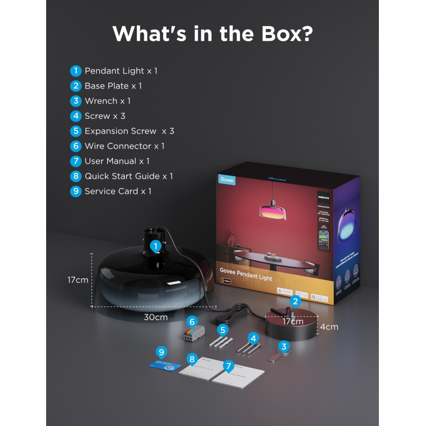 Govee - LED RGBICWW stlmiteľný závesný luster na lane LED/21W/230V Matter Wi-Fi