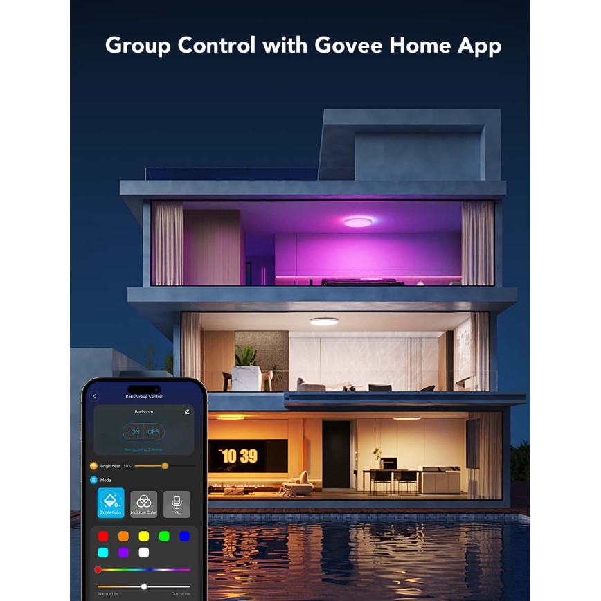 Govee - LED RGBICWW stmievateľné stropné svietidlo LED, 29 W, 230 V, priemer 30 cm, matné, Wi‑Fi