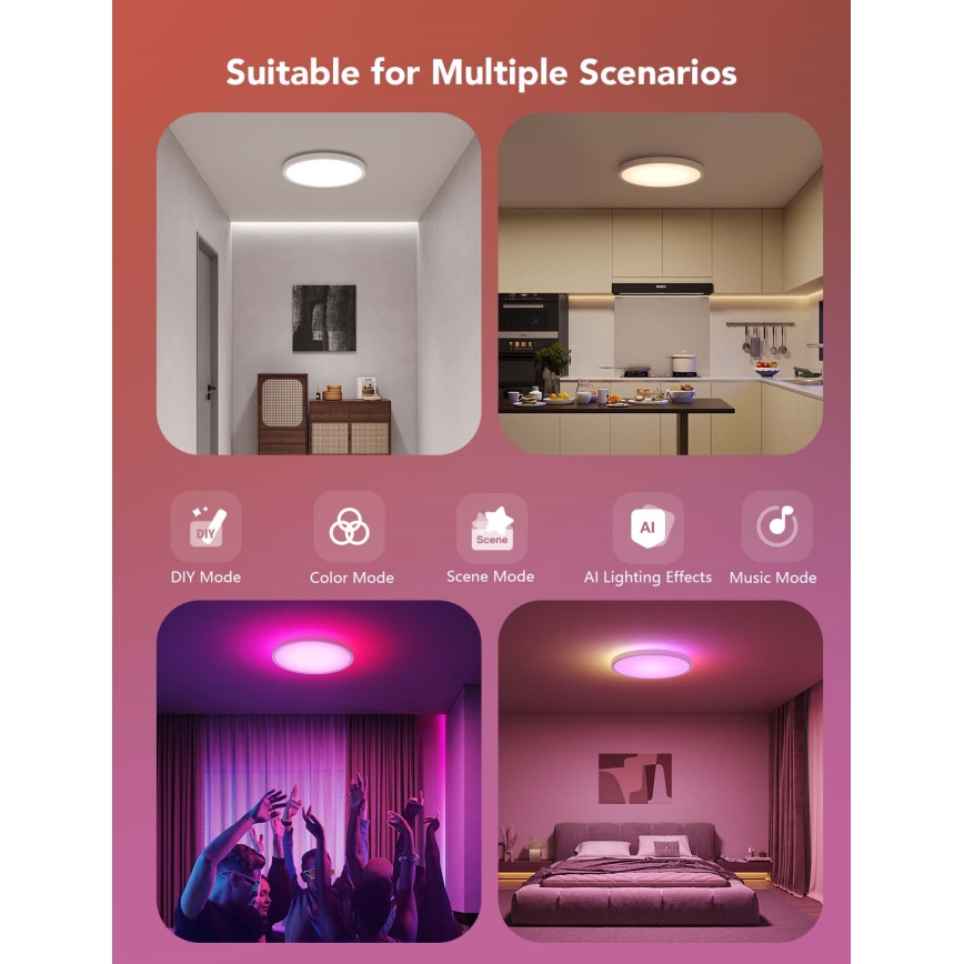 Govee - LED RGBICWW stmievateľné stropné svietidlo LED, 29 W, 230 V, priemer 30 cm, matné, Wi‑Fi