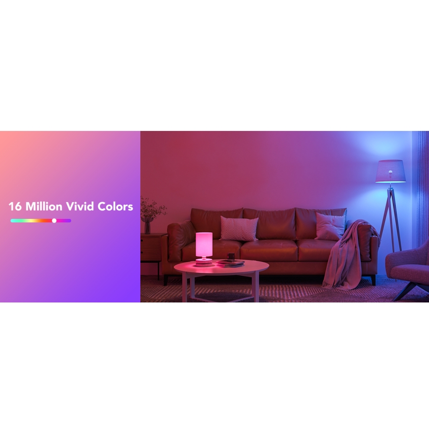 Stolová lampa svieti ružovo v obývacej izbe s hnedou koženou sedačkou. V pozadí je podlahová lampa svietiaca modro. Text: 16 Million Vivid Colors.