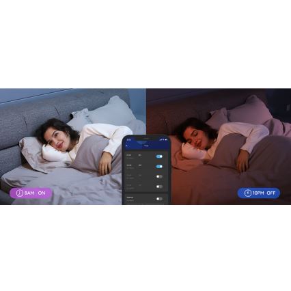 Žena v posteli ovláda svetlo cez mobilnú aplikáciu. Aplikácia zobrazuje časy zapnutia a vypnutia: 8:00 zapnuté, 22:00 vypnuté. Na obrázku sú dve scény: jedna s jasným svetlom o 8:00 a druhá s tmavším svetlom o 22:00.