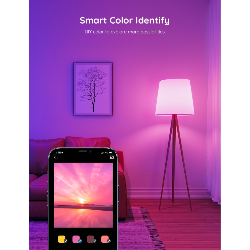 Mobilný telefón zobrazuje západ slnka; lampa s mäkkým svetlom stojí v obývacej izbe s fialovým osvetlením. Text: Smart Color Identify, DIY color to explore more possibilities.