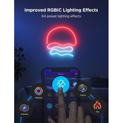 Prst na displeji mobilnej aplikácie Govee vyberá svetelný efekt. Aplikácia zobrazuje 64 prednastavených efektov, vrátane dúhy, ohňa a polárnej žiary. Na pozadí svieti neonové osvetlenie v tvare slnka a vĺn.