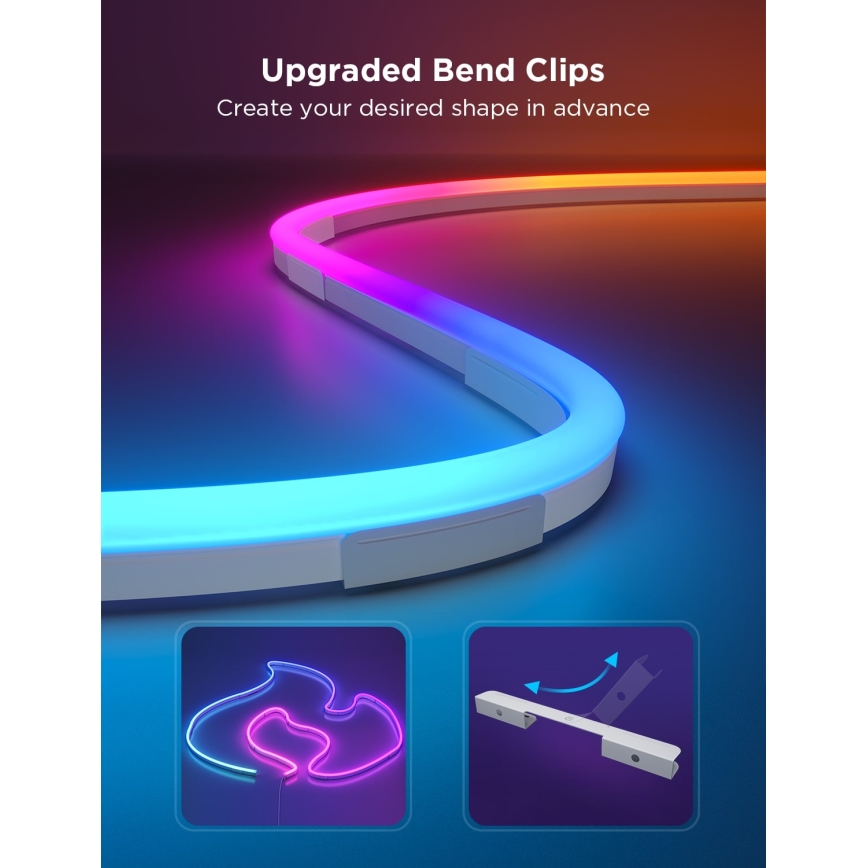 LED pásik ohýba sa do tvaru vlny pomocou držiakov. Text: Upgraded Bend Clips, Create your desired shape in advance.