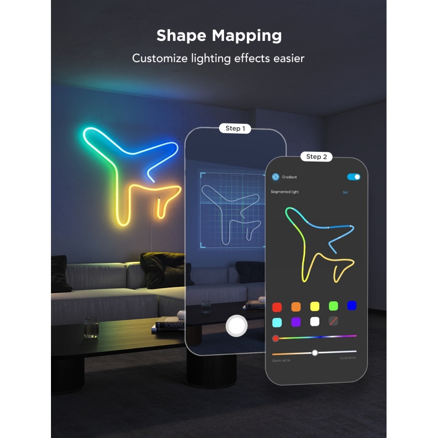 Neonové svetlo v tvare lietadla na stene je zobrazené na telefóne. Aplikácia umožňuje nastaviť farebné prechody a segmentované osvetlenie. Shape Mapping. Prispôsobte svetelné efekty jednoduchšie.