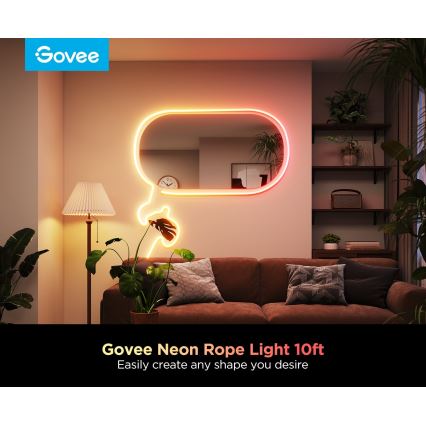 Neonové LED svetlo vo forme obdĺžnika a kvetu je umiestnené na stene obývacej izby. Svetlo svieti. Govee Neon Rope Light 10ft. Easily create any shape you desire.
