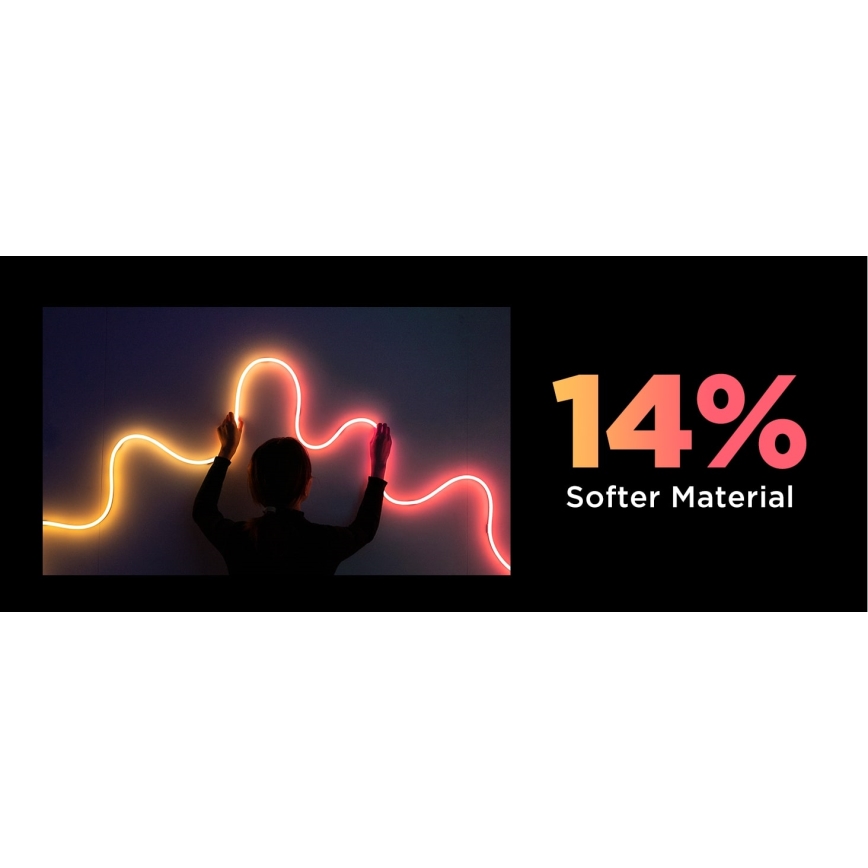 Žena tvaruje svetelné LED pásy žltej a ružovej farby na tmavom pozadí. Text vedľa uvádza: „14% Softer Material“.