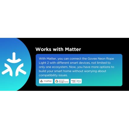 Logo Matter predstavuje prepojenie zariadení. Informuje o kompatibilite Govee Neon Rope Light 2 s rôznymi smart zariadeniami prostredníctvom Matter, čím rozširuje možnosti budovania inteligentnej domácnosti bez problémov s kompatibilitou. Logo Google Home a Alexa sú tiež zobrazené.