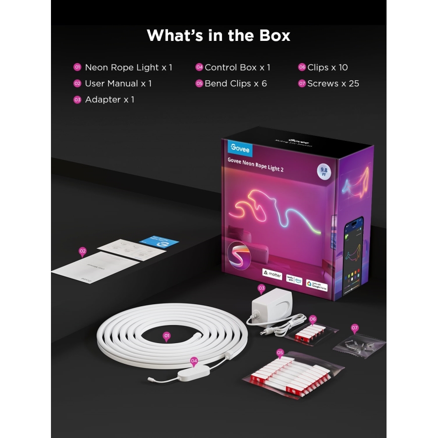 Neonové svetelné lanko je rozložené vedľa krabice, adaptéra, návodu a príslušenstva. Súčasťou balenia je: neonové svetelné lanko (x1), návod na použitie (x1), adaptér (x1), ovládacia skrinka (x1), sponky (x10), skrutky (x25) a ohýbacie sponky (x6).