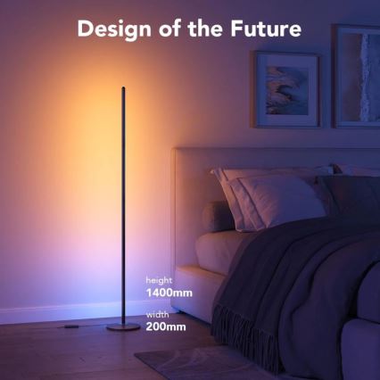 Moderná podlahová lampa s výškou 1400 mm a šírkou 200 mm svieti v spálni. Vyžaruje teplé a studené svetlo. Nad lampou je text: „Design of the Future“.