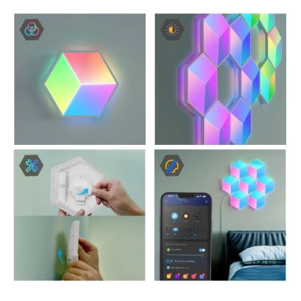 Hexagonálne LED svetlá sa inštalujú na stenu. Svetlá menia farby a ovládajú sa mobilnou aplikáciou. Aplikácia umožňuje nastavenie jasu, farieb a časovača.
