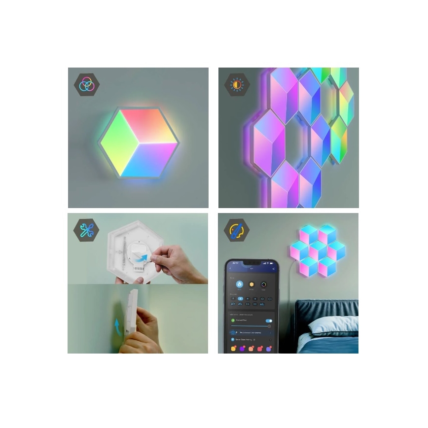 Hexagonálne LED svetlá sa inštalujú na stenu. Svetlá menia farby a ovládajú sa mobilnou aplikáciou. Aplikácia umožňuje nastavenie jasu, farieb a časovača.