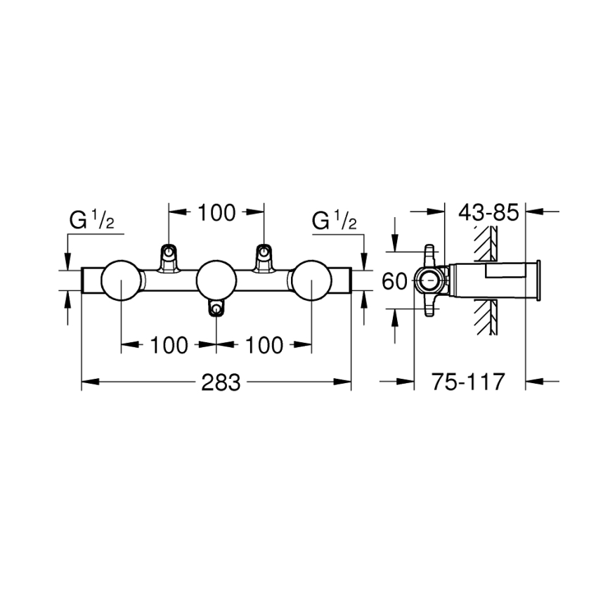 GROHE 29025002 - Univerzálne podomietkové teleso pre trojotvorovú umývadlovú batériu, mosadz