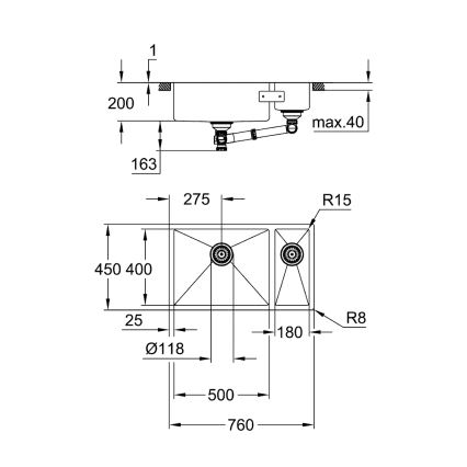 GROHE 31575SD1 - Kuchynský drez K700U, 760 × 450 mm, z nerezovej ocele