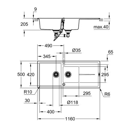 GROHE 31643AP0 - Kompozitný drez K400 1160 × 500 mm kameň/čierna