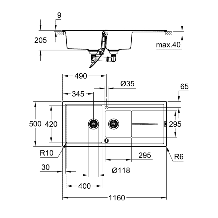 GROHE 31643AP0 - Kompozitný drez K400 1160 × 500 mm kameň/čierna