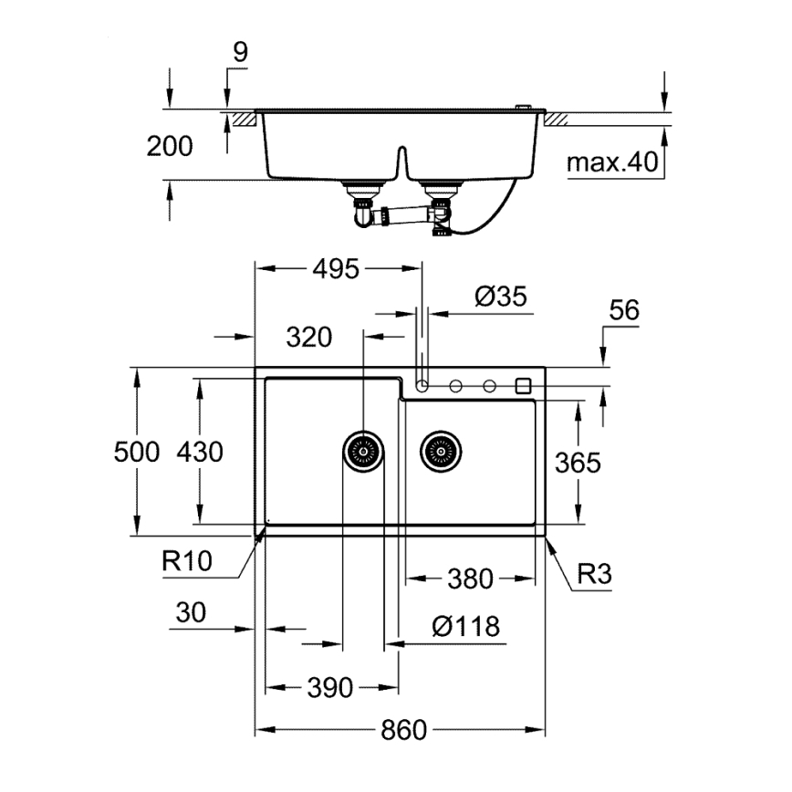 GROHE 31649AP0 - Drez K500 860 × 500 mm granit/čierna