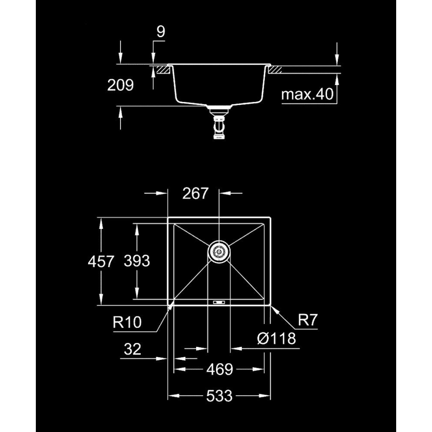 GROHE 31654AP0 - Drez K700U 533 × 457 mm čierny granit/čierna