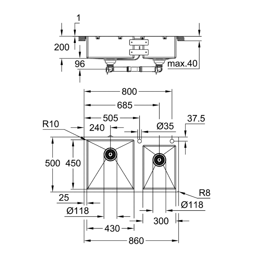 GROHE 31855SD0 - Kuchynský drez K700 860 × 500 mm, z nerezovej ocele