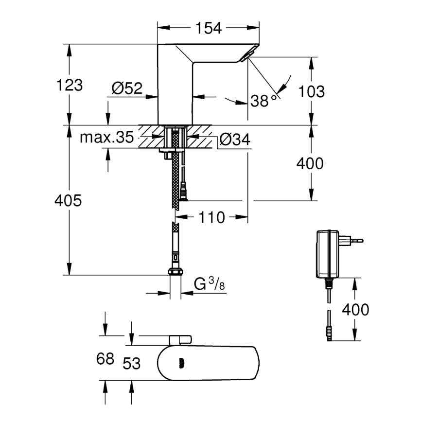 GROHE 36453000 - Infračervená elektronická umývadlová batéria BAU COSMOPOLITAN E 123 mm chróm