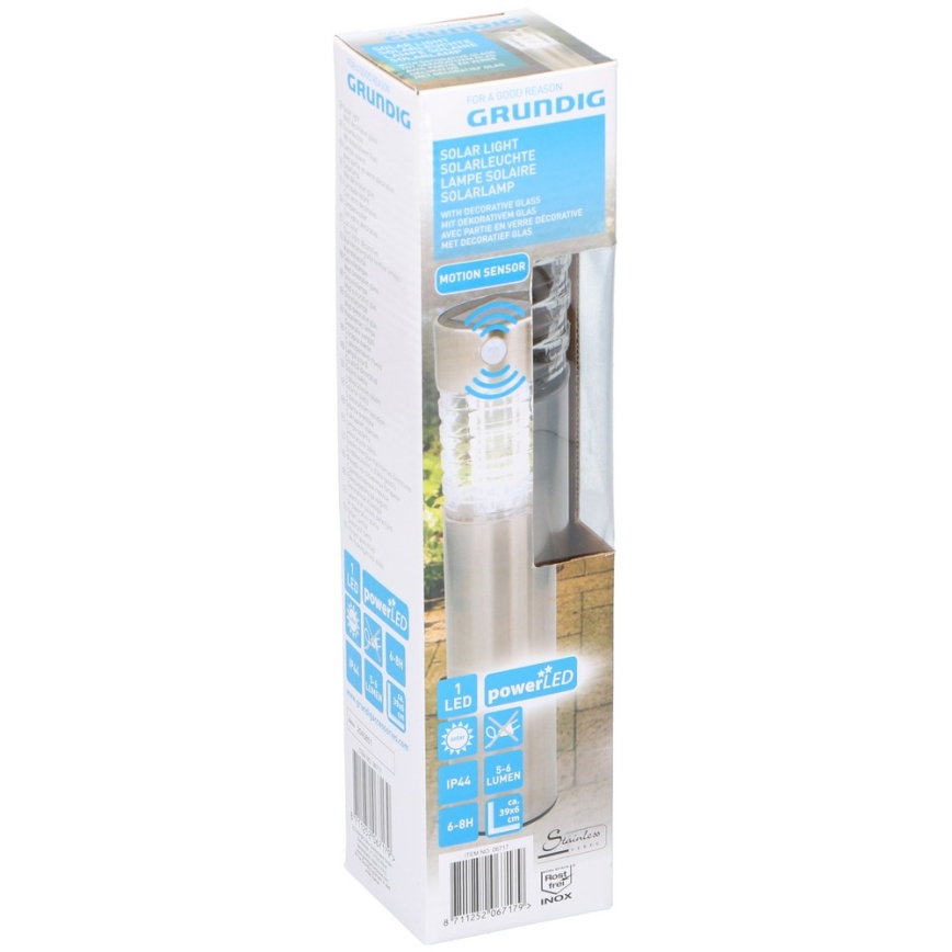 Balenie solárneho svetla s detektorom pohybu. Svetlo je kovové, valcovité, s dekoratívnym sklom. Balenie obsahuje technické informácie: 1 LED PowerLED, IP64, 54 lúmenov, 6-8 hodín.