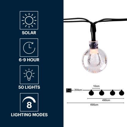 Solárny svetelný veniec s 50 guľôčkovými LED svetlami svieti 6-9 hodín. Má 8 svetelných režimov. Dĺžka: 690 cm, rozostupy medzi guľôčkami: 200 cm a 490 cm, priemer guľôčky: 10 cm.
