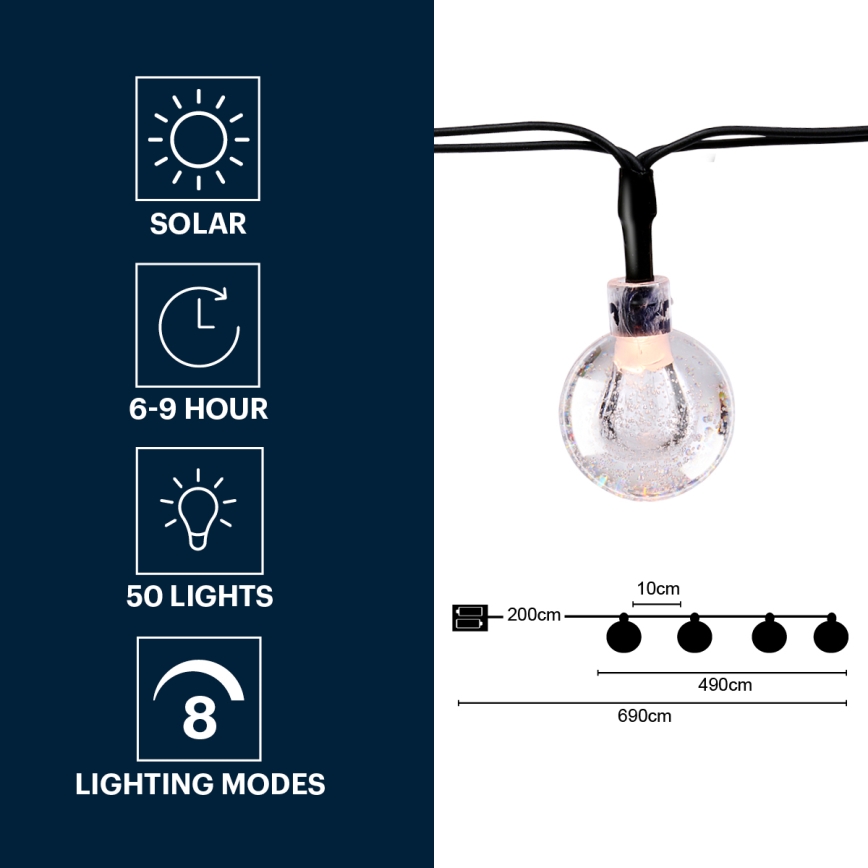 Solárny svetelný veniec s 50 guľôčkovými LED svetlami svieti 6-9 hodín. Má 8 svetelných režimov. Dĺžka: 690 cm, rozostupy medzi guľôčkami: 200 cm a 490 cm, priemer guľôčky: 10 cm.