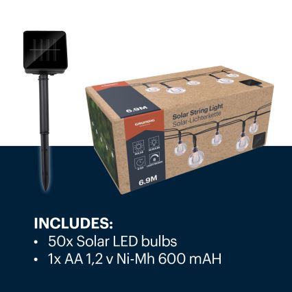 Solárny veniec s 50 LED žiarovkami je zabalený v krabici. Obsahuje tiež jednu AA 1,2 V Ni-Mh 600 mAh batériu. Solárny panel slúži na nabíjanie.