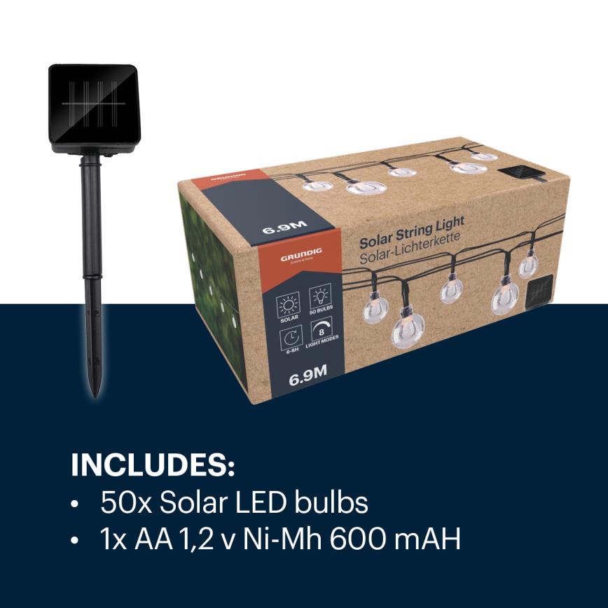 Solárny veniec s 50 LED žiarovkami je zabalený v krabici. Obsahuje tiež jednu AA 1,2 V Ni-Mh 600 mAh batériu. Solárny panel slúži na nabíjanie.