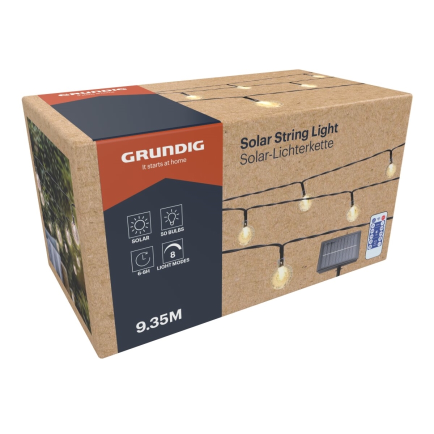 Grundig - LED Stmievateľná solárna reťaz 50xLED/8 funkcií 9,35m IP44 teplá biela + diaľkové ovládanie