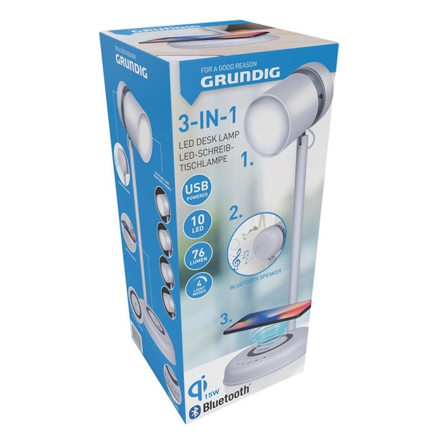 Grundig - LED stolná lampa 3 v 1 s bezdrôtovým nabíjaním a reproduktorom LED/15W/5V