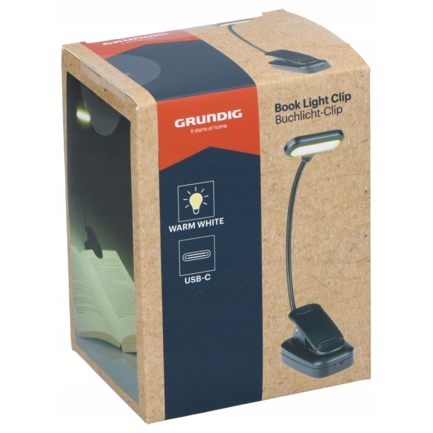 Grundig - Nabíjacia LED stolná lampa s klipom, 5 V, 400 mAh, čierna