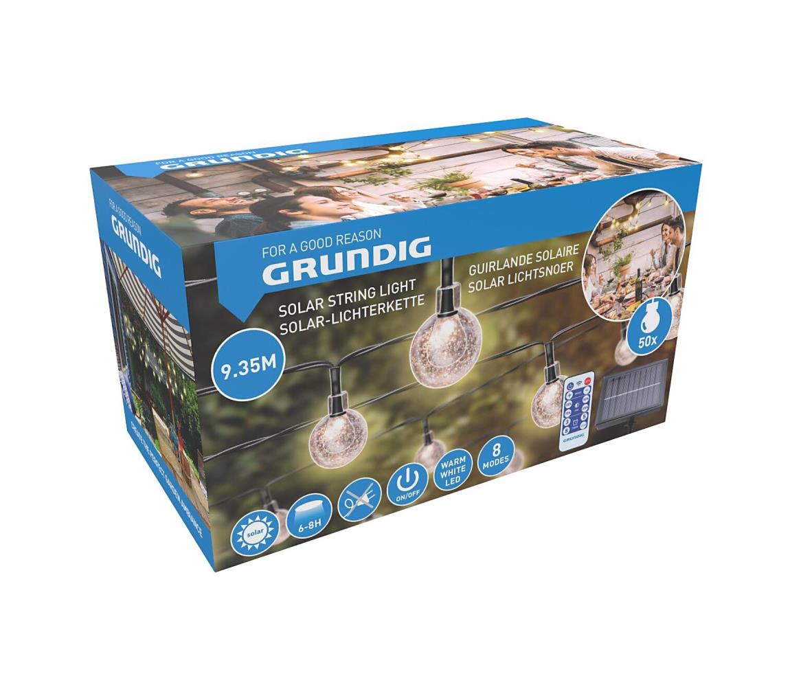 Grundig - stmievateľný solárny LED reťaz 50×LED/8 funkcií, 9,35 m, teplá biela + diaľkové ovládanie 8711252476810