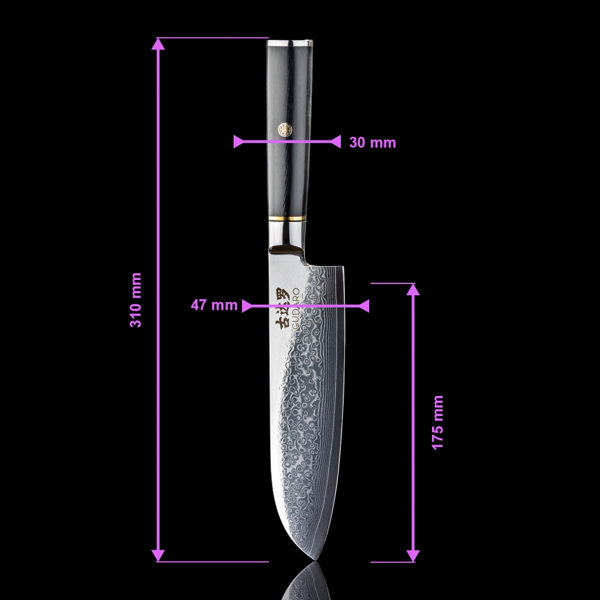Gudaro - Damaškový Santoku kuchynský nôž AKIRO 7, 67 vrstiev ocele, dĺžka 17,5 cm, čierna