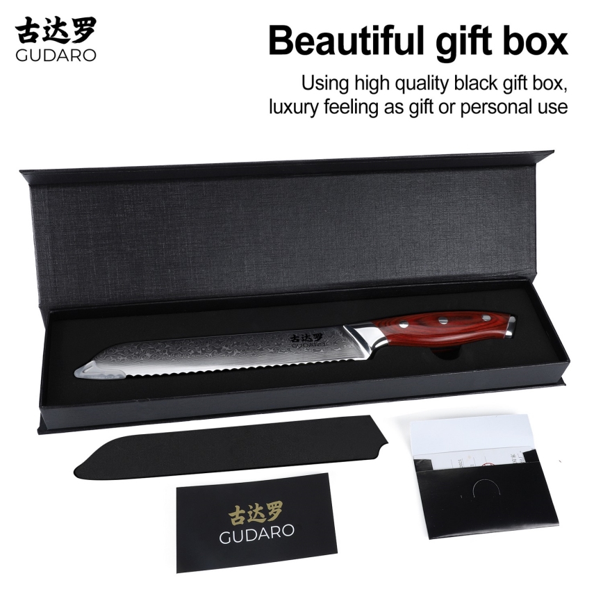 Gudaro - Damaskový kuchynský nôž na pečivo KENSHO 8, 67 vrstiev ocele, dĺžka 20 cm