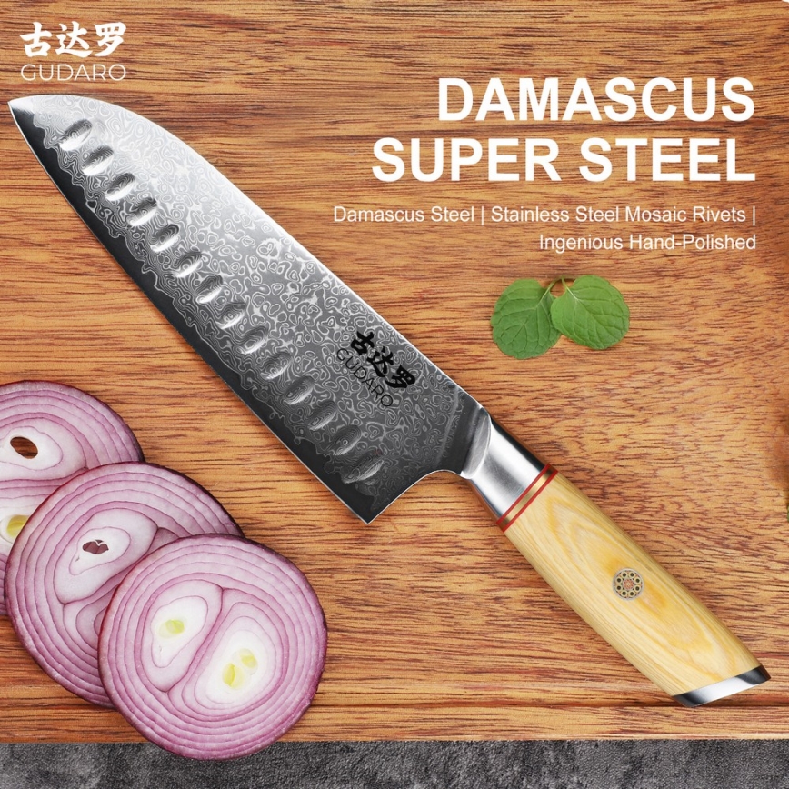 Gudaro - Damaškový Santoku kuchynský nôž HIKARI 7, 67 vrstiev ocele, dĺžka 17,5 cm