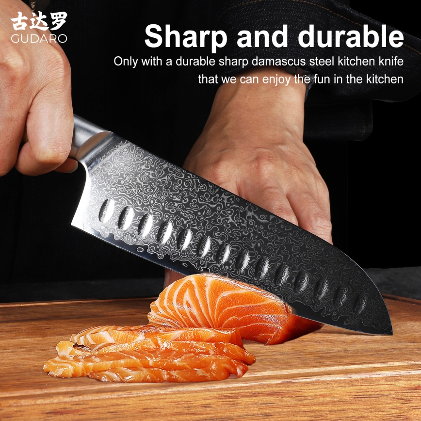 Gudaro - Damaškový Santoku kuchynský nôž HIKARI 7, 67 vrstiev ocele, dĺžka 17,5 cm