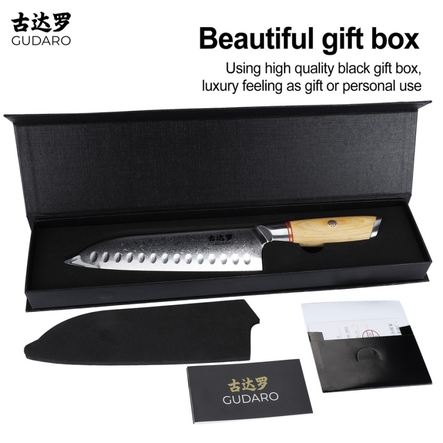 Gudaro - Damaškový Santoku kuchynský nôž HIKARI 7, 67 vrstiev ocele, dĺžka 17,5 cm