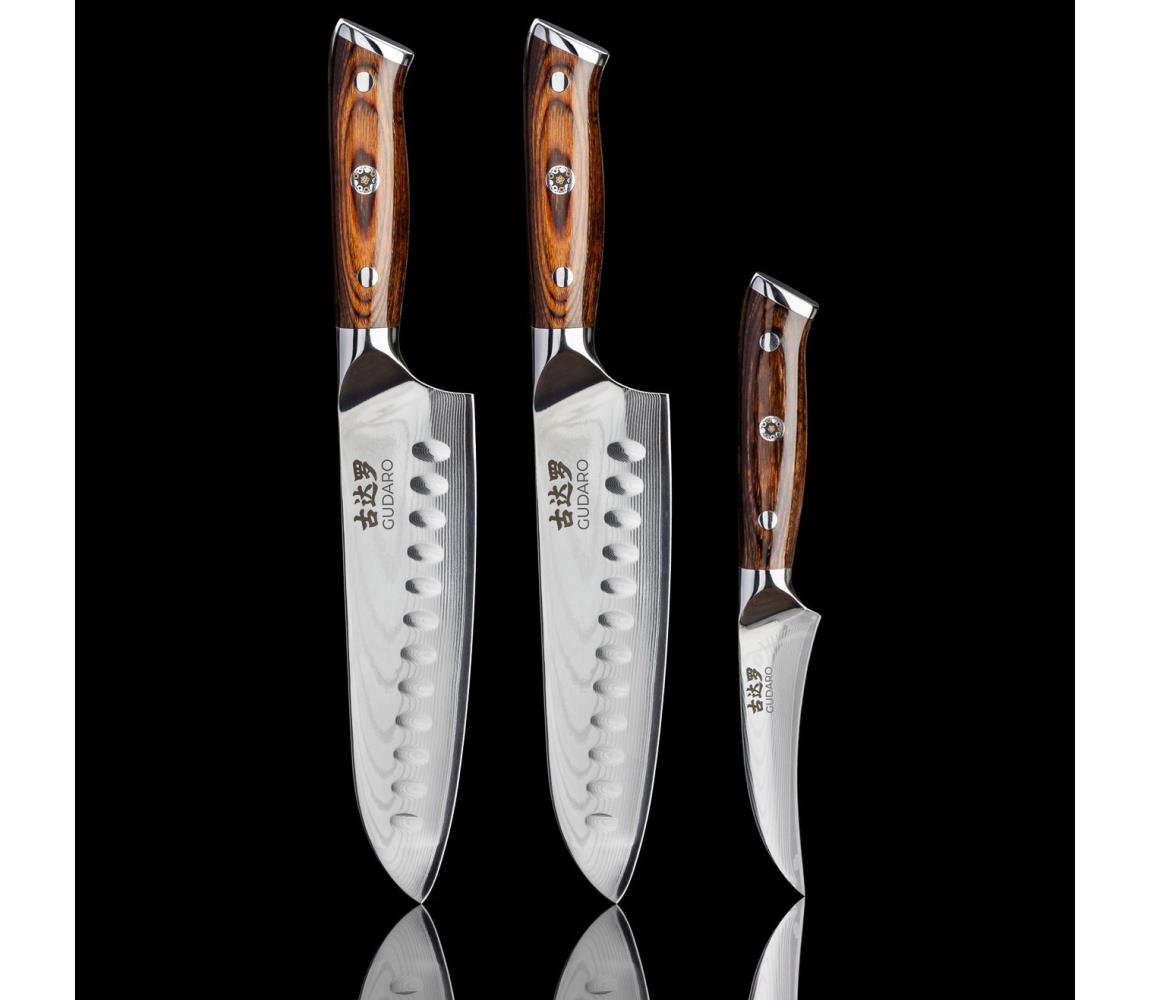 Gudaro-SADA 2x Santoku kuchynský nôž FENG 7,5"+ 1xKuchynský nôž na ovocie FENG 3,5" 2xGU0002+1xGU0004