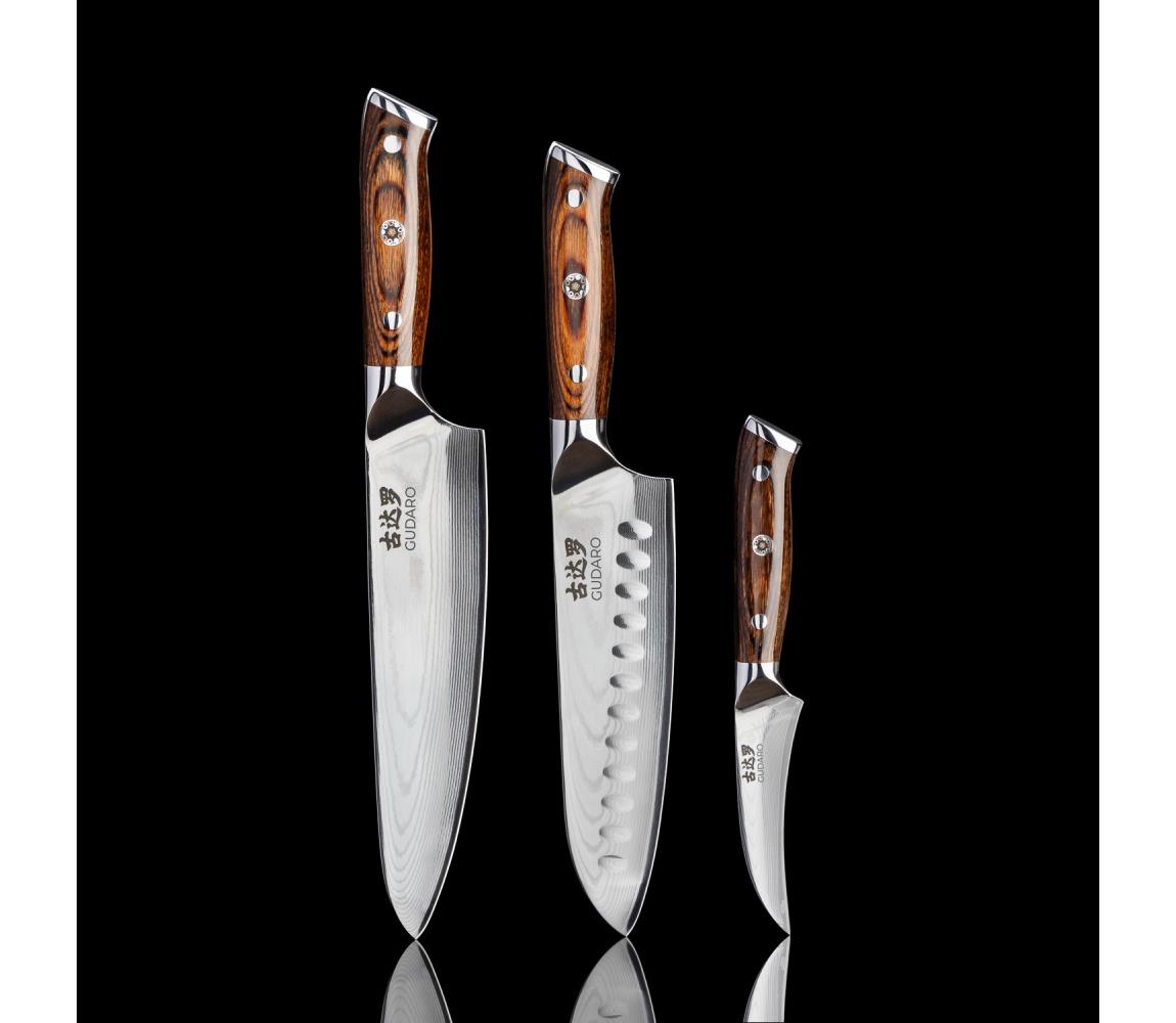 Gudaro-SADA Nôž šéfkuchára FENG+Santoku kuchynský nôž+ damaškový kuchynský nôž GU0001+GU0002+GU0004