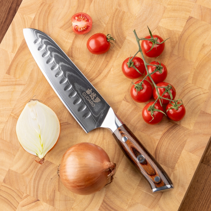 Gudaro - SADA 1x Damaškový šéfkuchársky nôž FENG 8, 67 vrstiev ocele, dĺžka 20 cm + 1x damaškový Santoku kuchynský nôž FENG 7,5, 67 vrstiev ocele, dĺžka 18 cm + 1x ZADARMO damaškový kuchynský nôž na ovocie FENG 3,5, 67 vrstiev ocele, dĺžka 9,5 cm