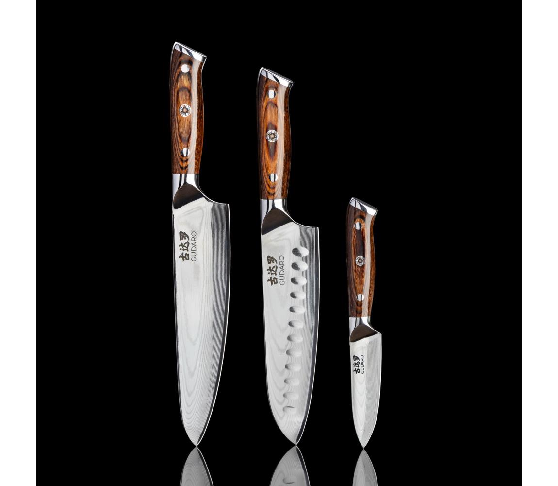 Gudaro-SADA Šéfkuchársky nôž FENG+Santoku kuchynský nôž+ damaškový kuchynský nôž GU0001+GU0002+GU0003