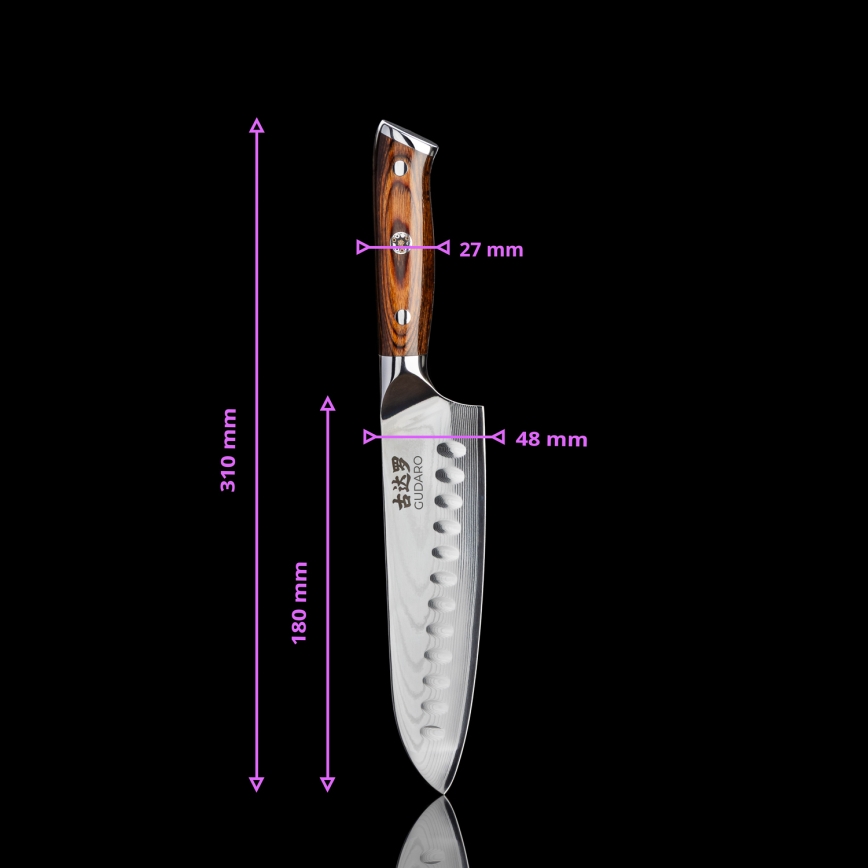 Gudaro - SADA 1x damaškový šéfkuchársky nôž FENG 8, 67 vrstiev ocele, dĺžka 20 cm + 1x damaškový Santoku kuchynský nôž FENG 7,5, 67 vrstiev ocele, dĺžka 18 cm + 1x ZADARMO damaškový kuchynský nôž FENG 3,5, 67 vrstiev ocele, dĺžka 9,5 cm