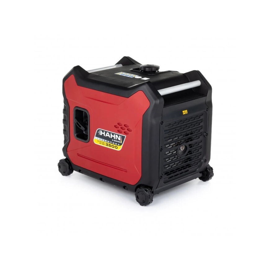 Prenášačný generátor HAHN GENERATORS MHD 3800 s kolesami stojí na bielom pozadí. Generátor je červeno-čiernej farby.