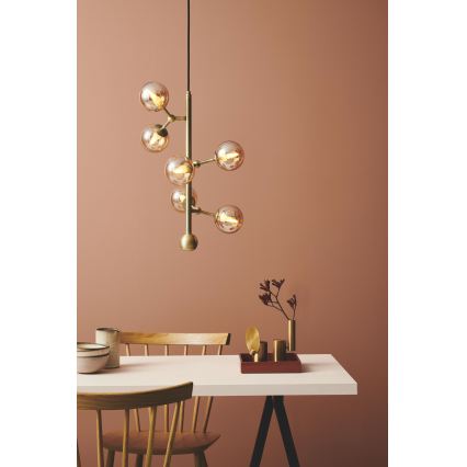 Halo Design 738861 - Luster na lanku ATOM 6xG9/28W/230V pr. 30 cm mosadz/dýmovo-béžová