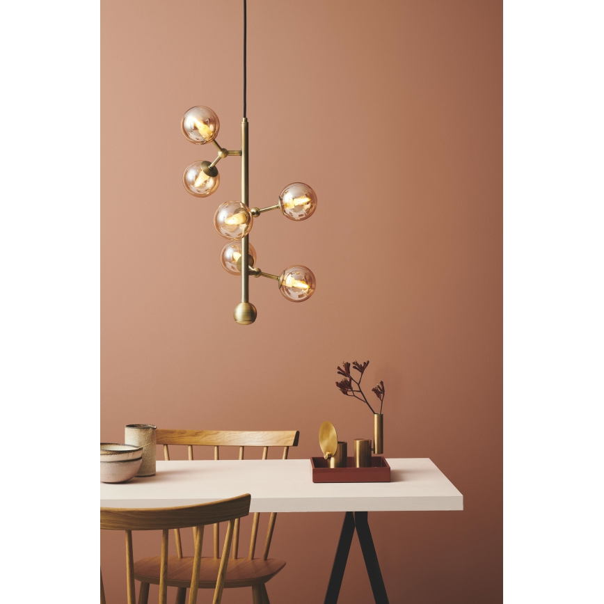 Halo Design 738861 - Luster na lanku ATOM 6xG9/28W/230V pr. 30 cm mosadz/dýmovo-béžová