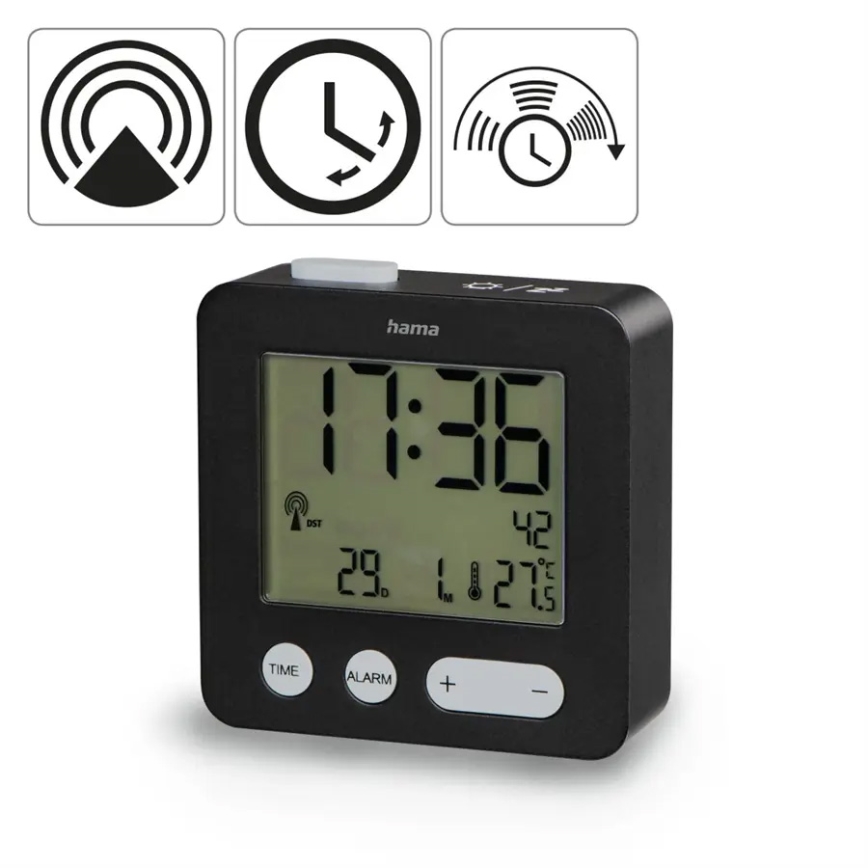 Hama - Budík s LCD displejom a teplomerom 2xAAA čierna