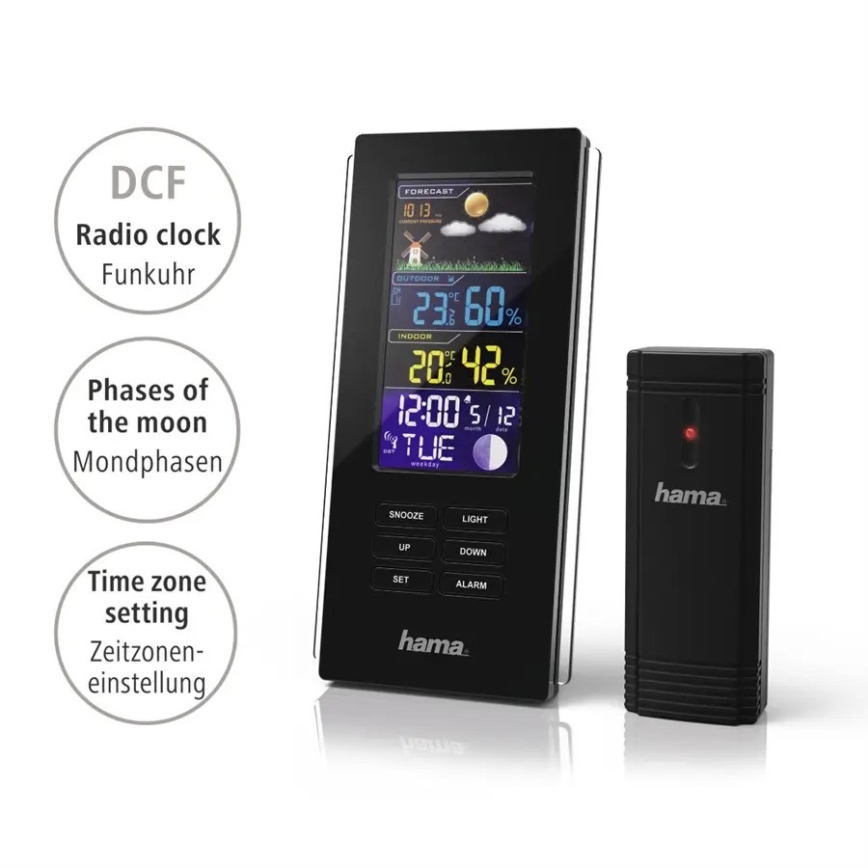 Hama - Meteostanica s farebným LCD displejom a budíkom 3xAAA čierna