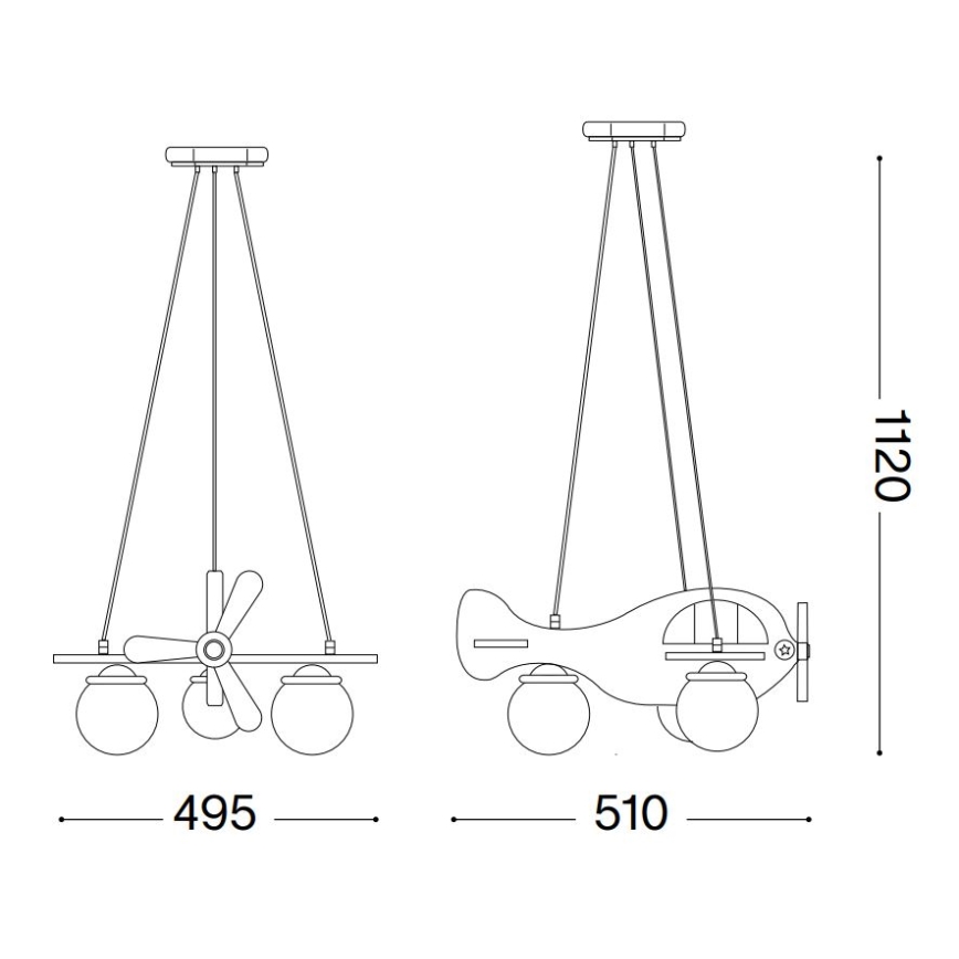 Závesné svietidlo v tvare lietadla s tromi sklenenými guľami visí zo stropu. Šírka svietidla je 495 mm alebo 510 mm, výška 1120 mm.